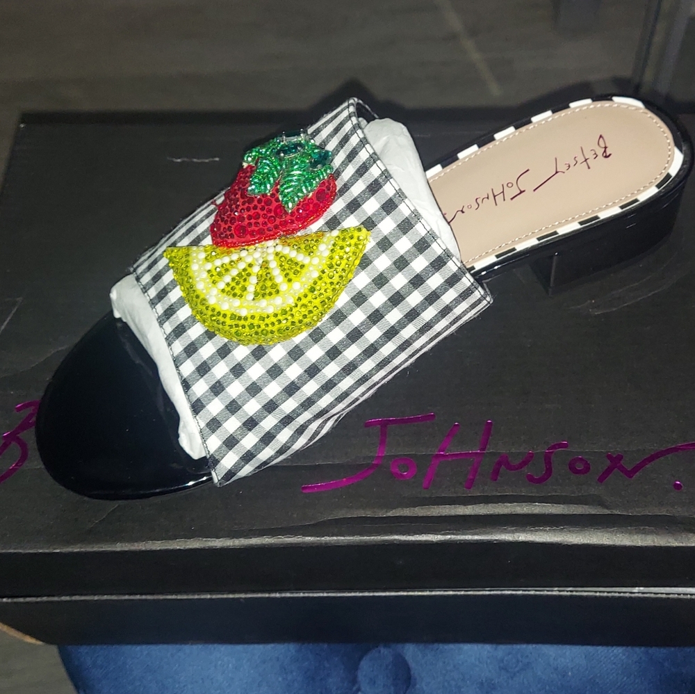 Women's Black and White Gingham Slide Sandals Betsey